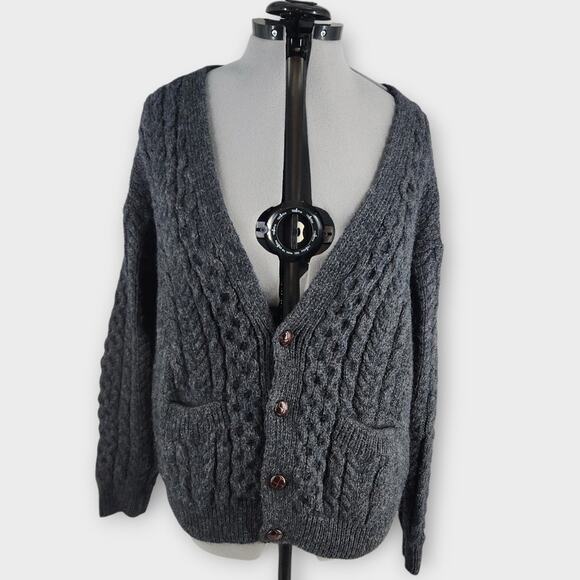 Carraig Donn Cardigan Sweater Women's L Gray Fisherman Chunky Knit Wool *Flaw - Picture 1 of 10